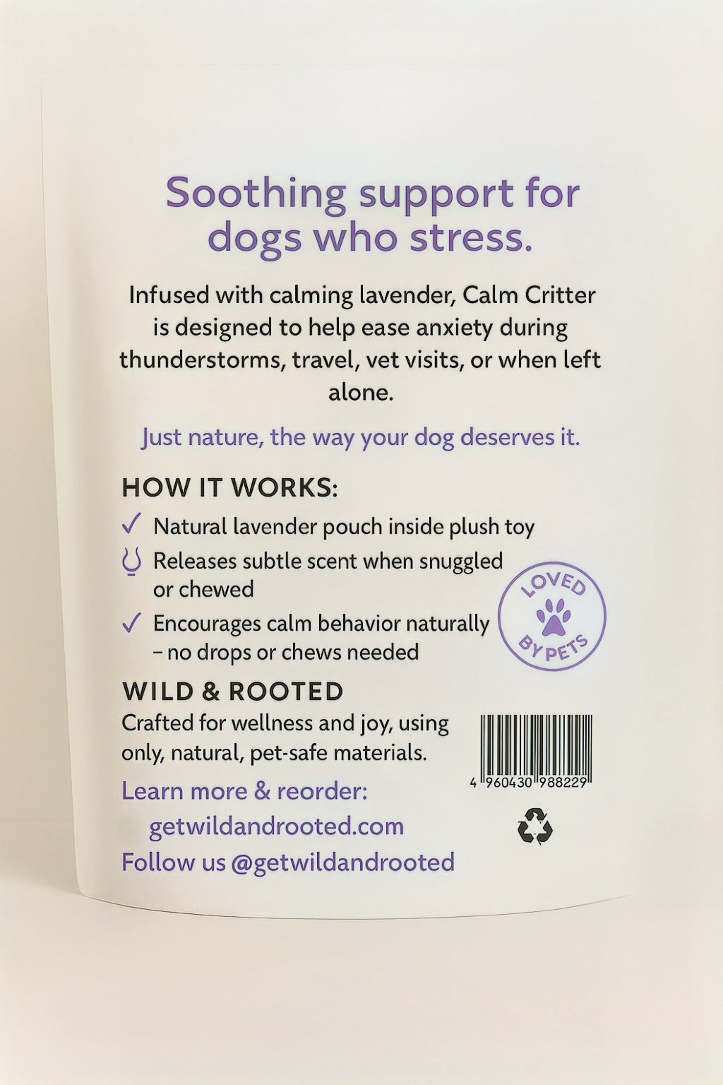 Back of Calm Critter packaging — care details and lavender information