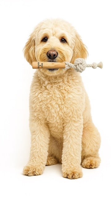 Golden Doodle holding Wild & Rooted Root Rope dog toy in mouth on white background.