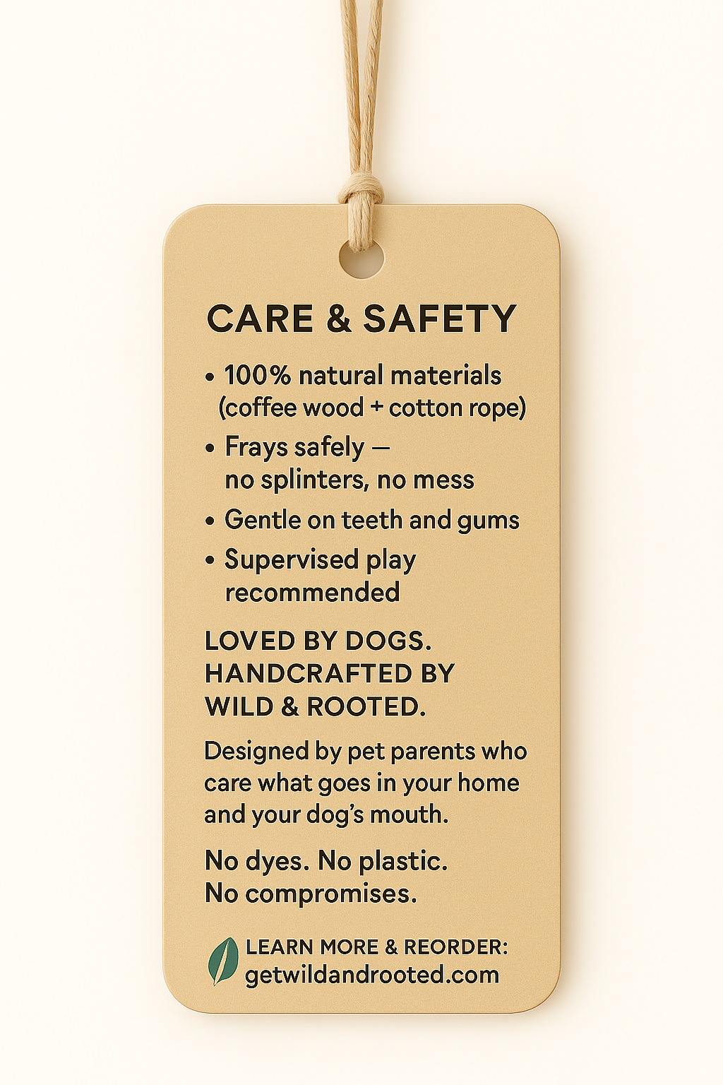 Care and safety tag for Root Rope, describing natural materials, supervised play, and Wild & Rooted branding.
