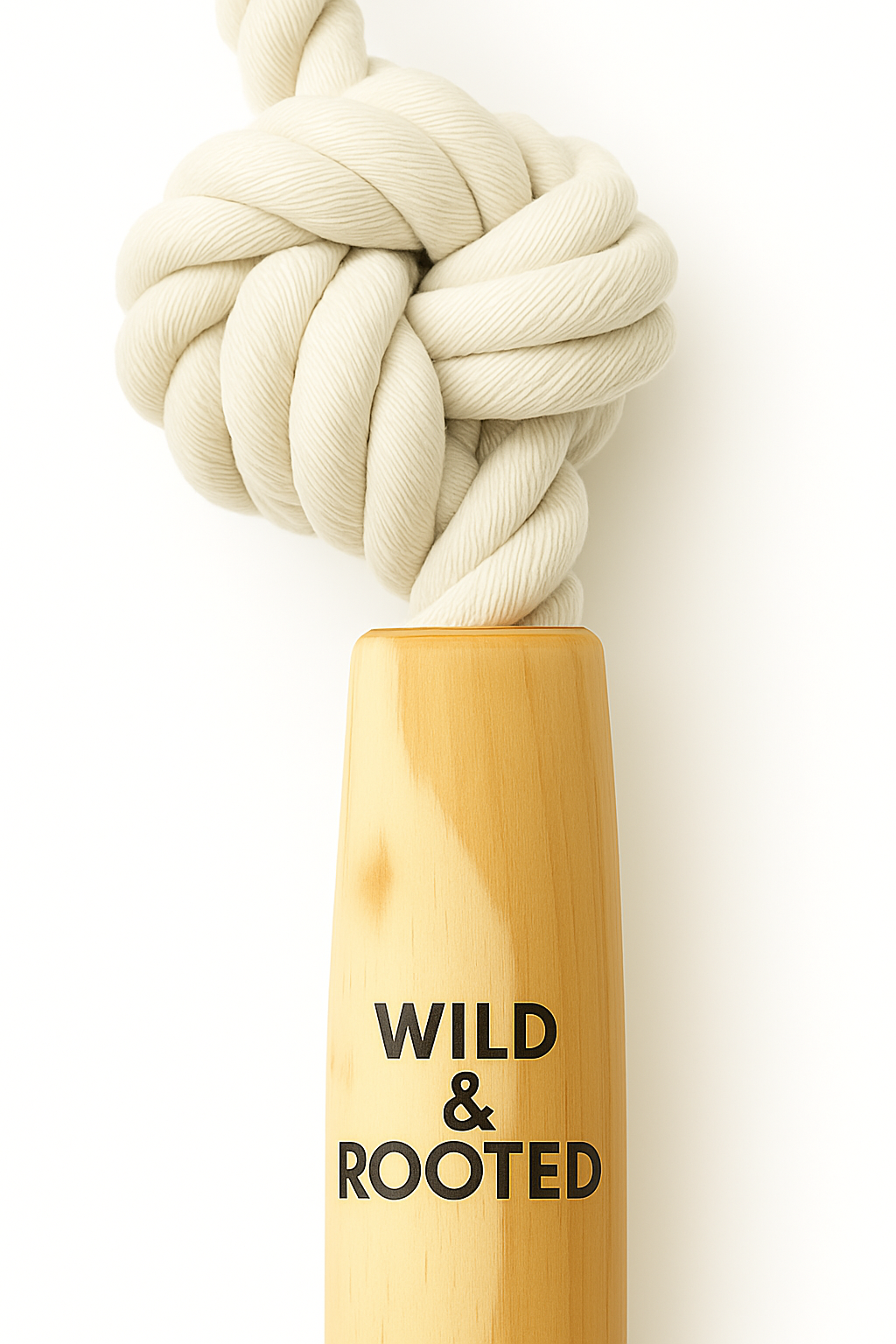 Zoomed-in view of Wild & Rooted Root Rope dog toy on white background showing clean craftsmanship.