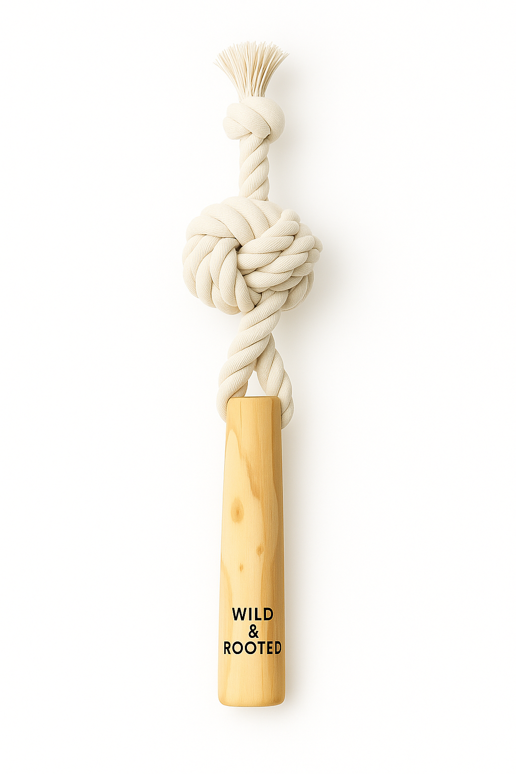 Wild & Rooted Root Rope natural dog toy made from coffee wood and organic cotton rope on white background.