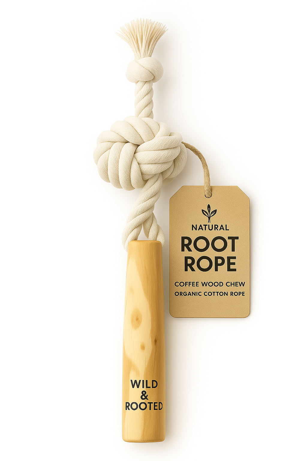 Root Rope natural coffee wood and organic cotton rope dog toy with Wild & Rooted tag attached.